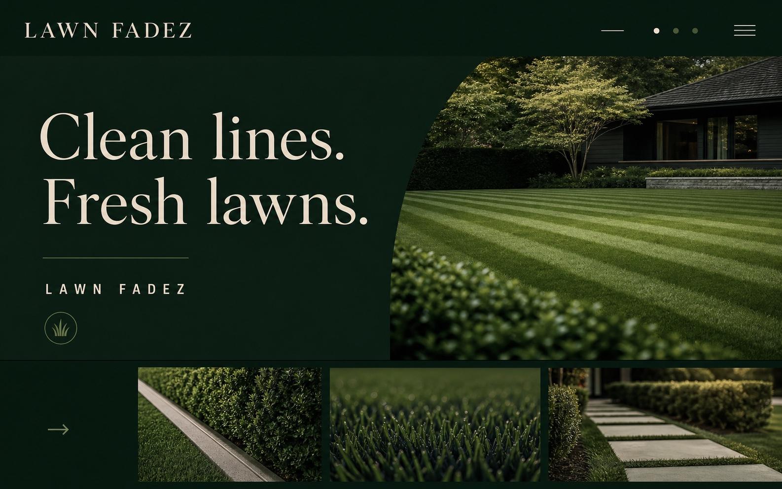 Lawn Fadez website featuring editorial typography and a precisely striped residential lawn